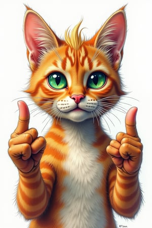 A vibrant, rough, and expressive color pencil sketch in a retro style, depicting a humanoid cat with two hands, proudly showcasing a defiant gesture, giving the middle finger. The cat's body is rendered in a mesmerizing blend of natural tones, while its eyes gleam with a piercing, emerald green. The hands, detailed and accurate and the cat is giveing the middle finger to the viewer, are drawn with bold lines and subtle shading, emphasizing the rebellious attitude. The background is a pristine white. The overall aesthetic is a fusion of psychedelic rock posters and modern comic book art, with bold, saturated colors and loose, dark expressive lines, the character with hair similar to Donald Trumps hair style with blonde hair on its head.