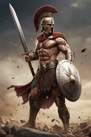 Develop a striking vector composition of a Spartan warrior in the midst of a victorious battle pose, sword and shield raised triumphantly, conveying the essence of strength and valor