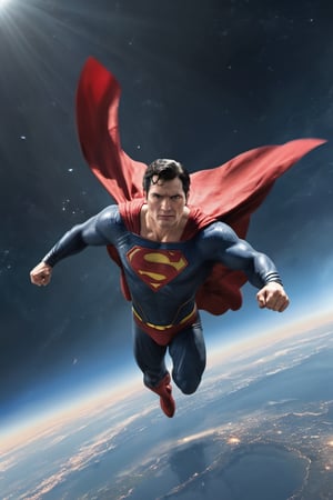 the superman flying through the space, front view