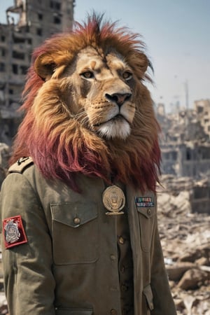 In a world where animals have evolved to use human technology, the once-mighty lion now leads a clandestine resistance movement against their human oppressors. The lion, known as Lionheart, wears a tattered military jacket adorned with medals from battles long past. His fiery mane, a blend of crimson and gold, stands out against the backdrop of a war-torn city.
