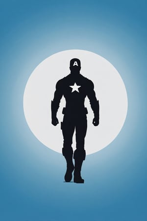 the black silhouette of captain america in front of a blue background, in the style of movie poster, stark minimalism, symmetry, silhouette,Text 