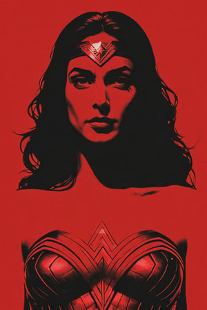 the black silhouette of wonder woman in front of a red background, in the style of movie poster, stark minimalism, symmetry, silhouette,Text 