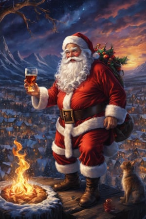  alcohol in art In the otherworldly allure of an Shockingly Beautiful Magic santa claus, the vibrant blending of earthly elements beckons attention. Against the backdrop of a mesmerizing HDR aerial photograph,  the main subject emerges as a majestic Shockingly Beautiful Magic Santa Claus, its luminescent form contrasting against the darkened landscape below. Radiating supernatural glow,  its fur shimmers with prismatic natural colors. Every intricate detail is captured in this high-quality digital artwork,  immersing viewers in the captivating mystique of the enigmatic creature. Shockingly Beautiful Magic Santa Claus, subject centered in the image, ultra wide birds eye view. subject centered full view pose,, 
,NightmareFlame,TSHIRT DESIGN,