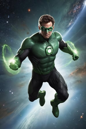 the green lantern flying through the space, front view