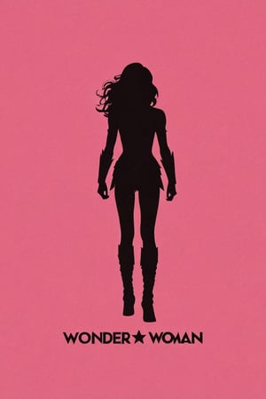 the black silhouette of wonder woman in front of a pink background, in the style of movie poster, stark minimalism, symmetry, silhouette,Text 