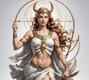 4k detail, goddess artemis, full view wide angle view, (centered on a white background), T-shirt design illustration, photo r3al, T-shirt design illustration, on a white background, more detail XL, 