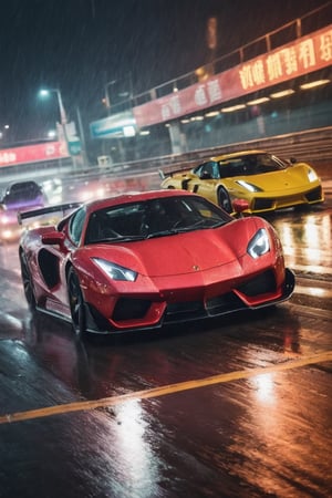 A breathtaking, neon-drenched photograph of two exotic supercars engaged in a high-speed street race along a rain-slicked Japanese highway, with motion blur, tire burnout, with reflections of vibrant city lights dancing on their wet surfaces, encapsulating the adrenaline-fueled excitement of the night.
