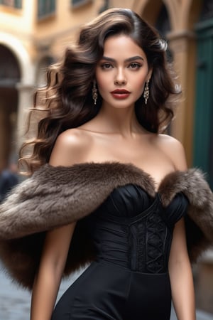 best quality, masterpiece,								
The beautiful Colombian model, her long wavy dark brown hair flowing elegantly, perfectly embodies the intertwining of Art Nouveau's flowing lines with Gothic's enigmatic depth, all while donning a fashionable tight off-the-shoulder black dress. This contemporary piece is artfully paired with a fur trim capelet, adding a touch of opulence. Her look is further elevated by sophisticated fashion accessories, making her the epitome of a glamorous Hollywood star, seamlessly blending historical elegance with modern flair.
ultra realistic illustration,siena natural ratio, by Ai Pic 3D,	16K, (HDR:1.4), high contrast, bokeh:1.2, lens flare,	head to toe,	digital art, ultra hd, realistic, vivid colors, extremely detailed, photography, ultra hd, realistic, vivid colors, highly detailed, UHD, perfect composition, beautiful detailed intricate insanely detailed octane render trending on artstation, 8k artistic photography, photorealistic concept art, soft natural volumetric cinematic perfect light. unclad full body view