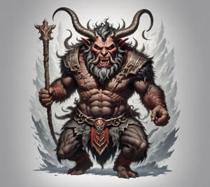 krampus as the god of thunder, full body pose, wide angle view, (centered on a white background), T-shirt design illustration, photo r3al, T-shirt design illustration, on a white background, more detail XL, Leonardo style 