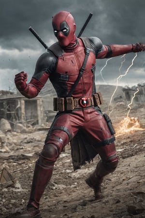 Create an epic digital artworkCreate a dynamic digital artwork featuring Deadpool in a post-apocalyptic wasteland. The character should be dressed in his signature red and black suit, but it should be torn and tattered featuring a medieval version of the Flash. The character should be dressed in a medieval costume, with chainmail, leather, and a flowing cloak. The Flash should be depicted in motion, with lightning bolts and energy trails emanating from his body as he moves at incredible speed. The image should have a dynamic composition, with dramatic angles and perspective that convey the intensity and excitement of the scene. The image should also have a high level of detail, with intricate designs on the character's armor and clothing, and realistic textures on the background elements. The image should be at least 4K resolution, with a high level of color accuracy and sharpness. The final result should be a thrilling and unforgettable representation of the Flash in the medieval era.
