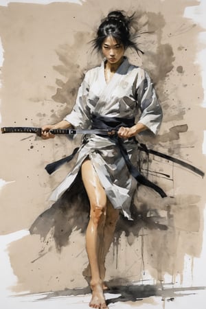 Gesture painting:
gesture painting, illustration on paper, female martial artist with samurai sword, hair and face within the frame, two-piece dress, dynamic pose, professionally painted, in the style of Yoji Shinkawa

