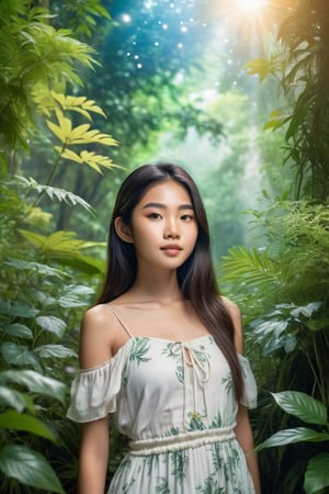 "Create a celestial style featuring a serene majestical scene of a beautiful young asian teen with, teen surrounded by lush foliage looking at the viewer, in a full body shown." 
