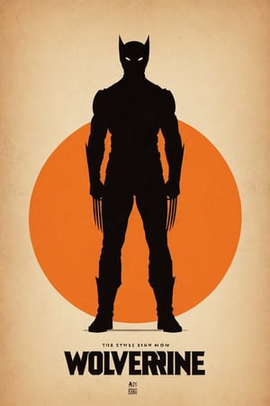 the black silhouette of wolverine in front of a orange background, in the style of movie poster, stark minimalism, symmetry, silhouette,Text 