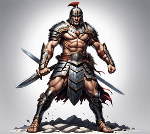 anime, gladiator warrior, full view ultra wide angle view, (centered on a white background), T-shirt design illustration, photo r3al, T-shirt design illustration, on a white background, more detail XL, 