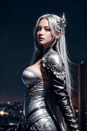 (masterpiece:1.2, best quality:1.2, beautiful, high quality, highres:1.1, aesthetic), detailed, extremely detailed, ambient soft lighting, perfect eyes, perfect face, 1girl, long silver hair, hair ornament, normal breasts, assassin clothing, looking at the viewer, from below, slim body, low angle shot, night time, full moon, abstract