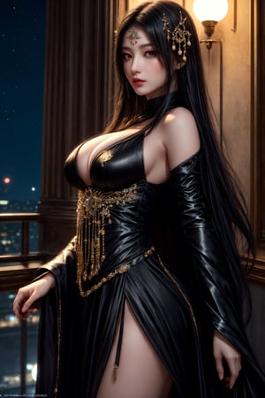 (masterpiece:1.2, best quality:1.2, beautiful, high quality, highres:1.1, aesthetic), detailed, extremely detailed, ambient soft lighting, perfect eyes, perfect face, 1girl, long black hair, hair ornament, normal breasts, assassin clothing, looking at the viewer, from below, slim body, low angle shot, night time, full moon