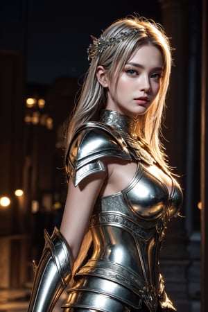 (masterpiece:1.2, best quality:1.2, beautiful, high quality, highres:1.1, aesthetic), detailed, extremely detailed, ambient soft lighting, perfect eyes, perfect face, 1girl, long silver hair, hair ornament, normal breasts, spartan armor, spartan, looking at the viewer, from below, slim body, low angle shot, ancient rome, night time, green-eyes