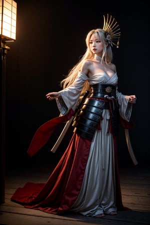 (masterpiece:1.2, best quality:1.2, beautiful, high quality, highres:1.1, aesthetic), detailed, extremely detailed, ambient soft lighting, perfect eyes, perfect face, 1girl, long white hair, hair ornament, normal breasts, bare shoulders, samurai armor, looking at the viewer, full body, from below, slim body, low angle shot, feudal japan, night time