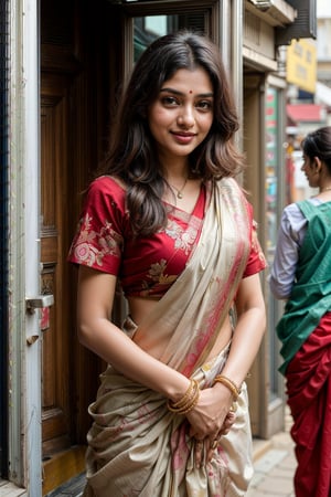  a vibrant and sunny day in a city in Tamil Nadu. A 19-year-old girl named Meera at the wedding . She is wearing a traditional saree , Her long, dark hair is adorned , and she has a gentle smile on her face, exuding confidence and grace.,Saree 