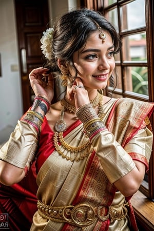  a vibrant and sunny day in a city in Tamil Nadu. A 19-year-old girl named Meera at the wedding . She is wearing a traditional saree , Her long, dark hair is adorned , and she has a gentle smile on her face, exuding confidence and grace.,Saree 