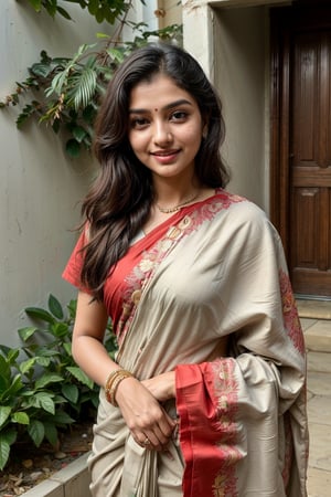  a vibrant and sunny day in a city in Tamil Nadu. A 19-year-old girl named Meera at the wedding . She is wearing a traditional saree , Her long, dark hair is adorned , and she has a gentle smile on her face, exuding confidence and grace.,Saree 