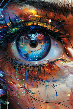 (Close-up)(solo Eye) young girl. Fractal iris, fantasy beauty, bio chemiluminescence iris, art nouveau, bright colors, kaleidoscope, and prism effects, abstract art, calligraphy patterns, artistic lettering, beautiful scripts, penmanship, visual poetry, cultural, Realistic Blue Eye, Melting pigments, falling colors, vivid, colorful, fantasy, oil on canvas, Dripping paint, crystal flower.