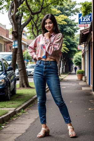  a vibrant and sunny day in a small town in Tamil Nadu. A 19-year-old girl named Meera  She is wearing a shirt and a pant , with intricate designs that catch the sunlight. Her long, dark hair is adorned , and she has a gentle smile on her face, exuding confidence and grace.