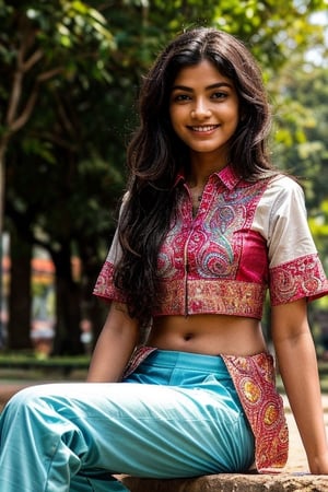  a vibrant and sunny day in a small town in Tamil Nadu. A 19-year-old girl named Meera is sitting at park. She is wearing a shirt and a pant , with intricate designs that catch the sunlight. Her long, dark hair is adorned , and she has a gentle smile on her face, exuding confidence and grace.