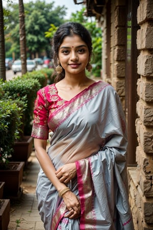  a vibrant and sunny day in a city in Tamil Nadu. A 19-year-old girl named Meera at the wedding . She is wearing a traditional saree , Her long, dark hair is adorned , and she has a gentle smile on her face, exuding confidence and grace.,Saree 