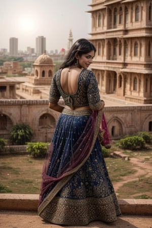  a vibrant and sunny day in a city in Tamil Nadu. A 19-year-old girl named Meera at the department store . She is wearing a dark blue lehenga, Her long, dark hair is adorned , and she has a gentle smile on her face, exuding confidence and grace.