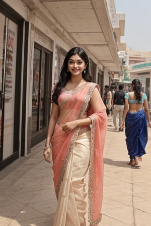  a vibrant and sunny day in a city in Tamil Nadu. A 19-year-old girl named rashmika mandana at the mall . Her long, dark hair is adorned ,wearing  a saree and she has a gentle smile on her face, exuding confidence and grace.
