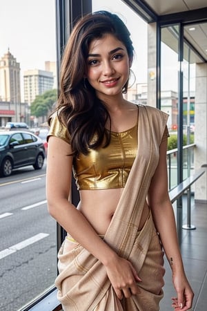  a vibrant and sunny day in a city in Tamil Nadu. A 19-year-old girl named rashmika mandana at the mall . Her long, dark hair is adorned ,wearing  a saree and she has a gentle smile on her face, exuding confidence and grace.