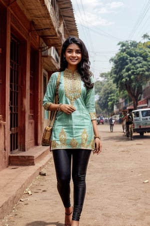  a vibrant and sunny day in a city in Tamil Nadu. A 19-year-old girl named Meera . She is wearing a Kurti with Leggings or Jeans , Her long, dark hair is adorned , and she has a gentle smile on her face, exuding confidence and grace.