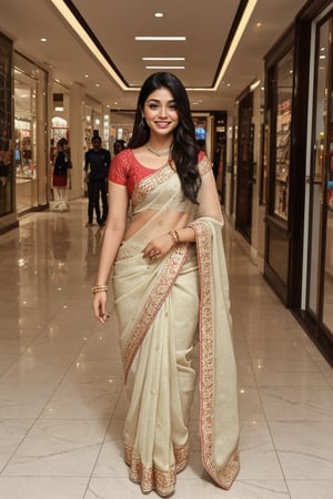  a vibrant and sunny day in a city in Tamil Nadu. A 19-year-old girl named rashmika mandana at the mall . Her long, dark hair is adorned ,wearing  a saree and she has a gentle smile on her face, exuding confidence and grace.