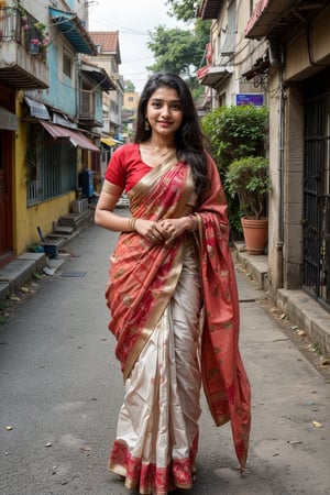  a vibrant and sunny day in a city in Tamil Nadu. A 19-year-old girl named Meera at the wedding . She is wearing a traditional saree , Her long, dark hair is adorned , and she has a gentle smile on her face, exuding confidence and grace.,Saree 