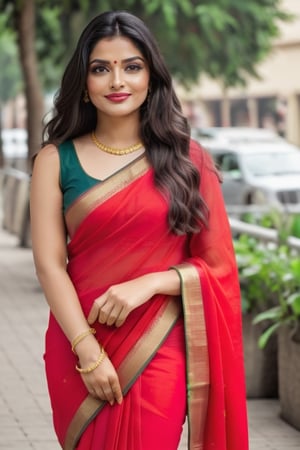  a vibrant and sunny day in a city in Tamil Nadu. A 19-year-old girl named Meera at the mall . Her long, dark hair is adorned , and she has a gentle smile on her face, exuding confidence and grace.,Saree 