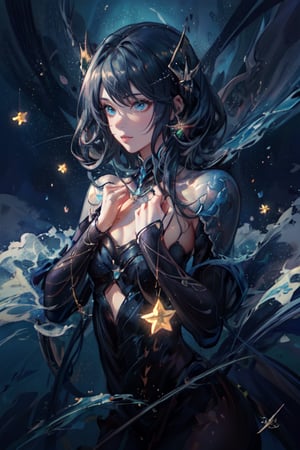 an underwater diver looking at the stars from the water,beautiful,4k hd,masterpiece,Wlop,very long hair,night sky,starry jnightsky,detailed backgrouynd,detailed anatomy,detailed face,detailed factions