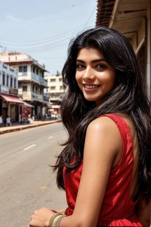  a vibrant and sunny day in a city in Tamil Nadu. A 19-year-old girl named Meera at the department store . She is wearing a Modern Dress , Her long, dark hair is adorned , and she has a gentle smile on her face, exuding confidence and grace.