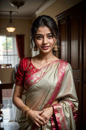  a vibrant and sunny day in a city in Tamil Nadu. A 19-year-old girl named Meera at the wedding . She is wearing a traditional saree , Her long, dark hair is adorned , and she has a gentle smile on her face, exuding confidence and grace.,Saree 