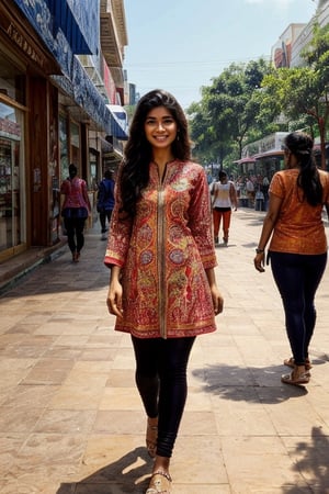  a vibrant and sunny day in a city in Tamil Nadu. A 19-year-old girl named Meera at the mall . She is wearing a Kurti with Leggings or Jeans , Her long, dark hair is adorned , and she has a gentle smile on her face, exuding confidence and grace.