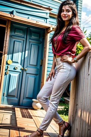  a vibrant and sunny day in a small town in Tamil Nadu. A 19-year-old girl named Meera  She is wearing a shirt and a pant , with intricate designs that catch the sunlight. Her long, dark hair is adorned , and she has a gentle smile on her face, exuding confidence and grace.