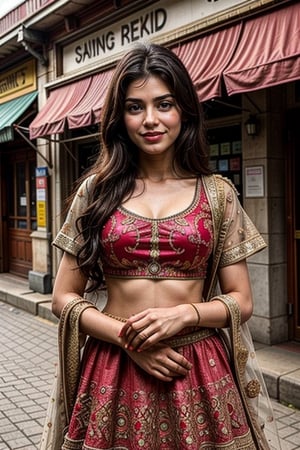  a vibrant and sunny day in a city in Tamil Nadu. A 19-year-old girl named Meera at the department store . She is wearing a lehenga, Her long, dark hair is adorned , and she has a gentle smile on her face, exuding confidence and grace.