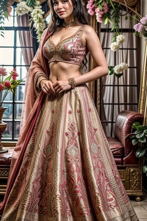  a vibrant and sunny day in a city in Tamil Nadu. A 19-year-old girl named Meera at the department store . She is wearing a pink lehenga, Her long, dark hair is adorned , and she has a gentle smile on her face, exuding confidence and grace.
