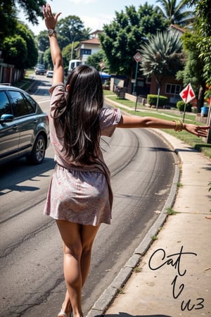  a vibrant and sunny day in a small town in Tamil Nadu. A 19-year-old girl named Meera  She is wearing a shirt and a pant , with intricate designs that catch the sunlight. Her long, dark hair is adorned , and she has a gentle smile on her face, exuding confidence and grace.