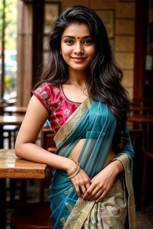  a vibrant and sunny day in a city in Tamil Nadu. A 19-year-old girl named Meera is at the cafe. She is wearing a saree . Her long, dark hair is adorned , and she has a gentle smile on her face, exuding confidence and grace.