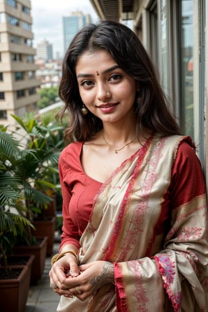  a vibrant and sunny day in a city in Tamil Nadu. A 19-year-old girl named Meera at the wedding . She is wearing a traditional saree , Her long, dark hair is adorned , and she has a gentle smile on her face, exuding confidence and grace.,Saree 