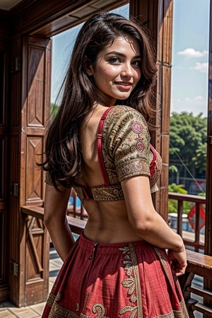  a vibrant and sunny day in a city in Tamil Nadu. A 19-year-old girl named Meera back side of girl at the department store . She is wearing a lehenga, Her long, dark hair is adorned , and she has a gentle smile on her face, exuding confidence and grace.