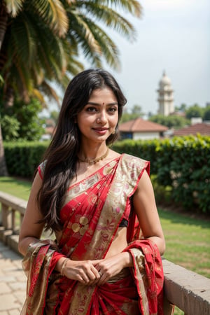  a vibrant and sunny day in a city in Tamil Nadu. A 19-year-old girl named Meera at the wedding . She is wearing a traditional saree , Her long, dark hair is adorned , and she has a gentle smile on her face, exuding confidence and grace.,Saree 