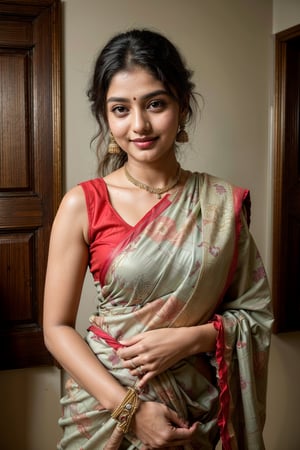  a vibrant and sunny day in a city in Tamil Nadu. A 19-year-old girl named Meera at the wedding . She is wearing a traditional saree , Her long, dark hair is adorned , and she has a gentle smile on her face, exuding confidence and grace.,Saree 