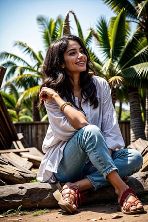  a vibrant and sunny day in a small town in Tamil Nadu. A 19-year-old girl named Meera  She is wearing a shirt and a pant , with intricate designs that catch the sunlight. Her long, dark hair is adorned , and she has a gentle smile on her face, exuding confidence and grace.